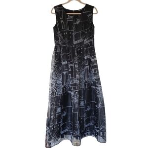 Samuel Dong Cocktail Maxi Dress Graphic Print Black & White Organza Fit Flare
